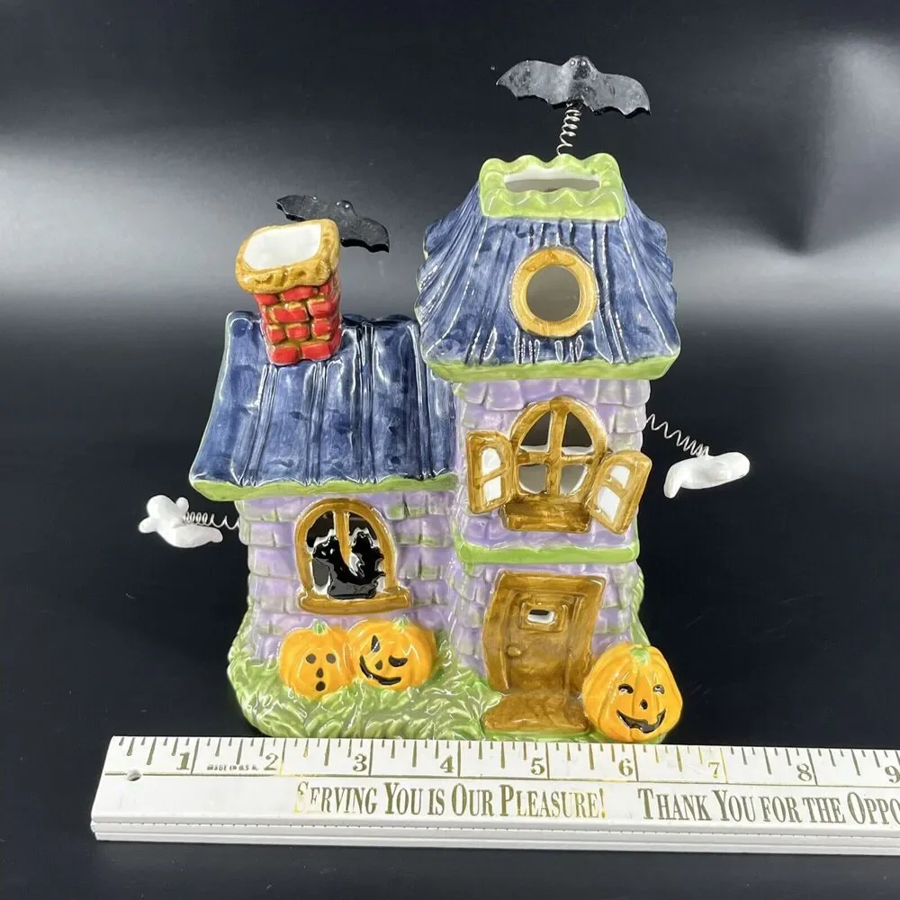 Vintage Ceramic Haunted House Candle Holder Ghost Bat Jack-O-Lanterns Halloween - Picture 5 of 13